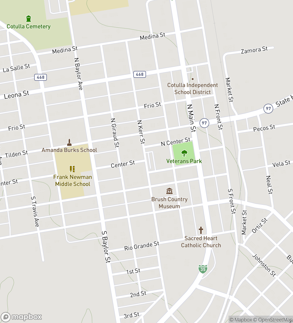Map of 8 numbered scavenger hunt stops in Cotulla