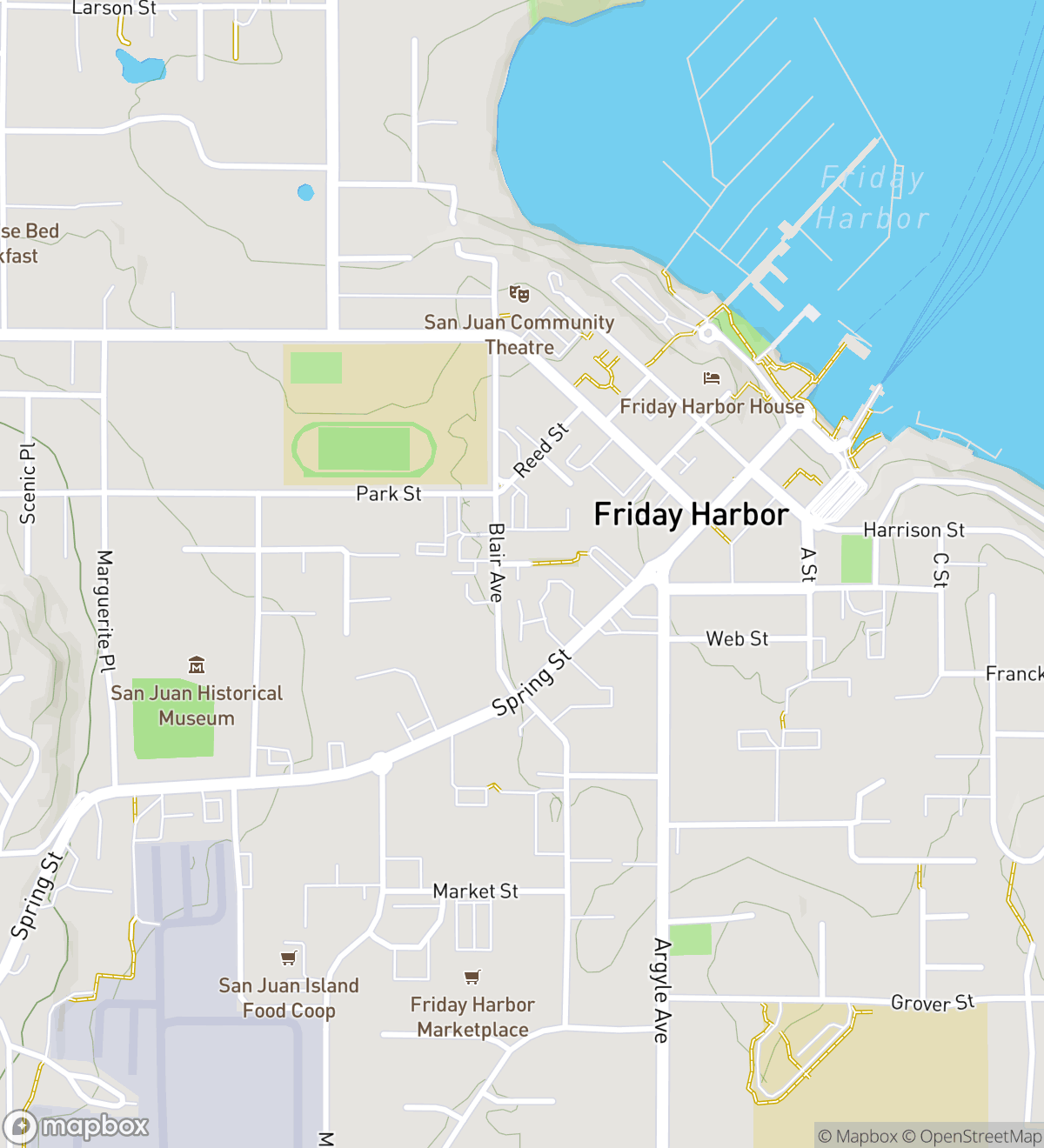 Map of 6 numbered scavenger hunt stops in Friday Harbor