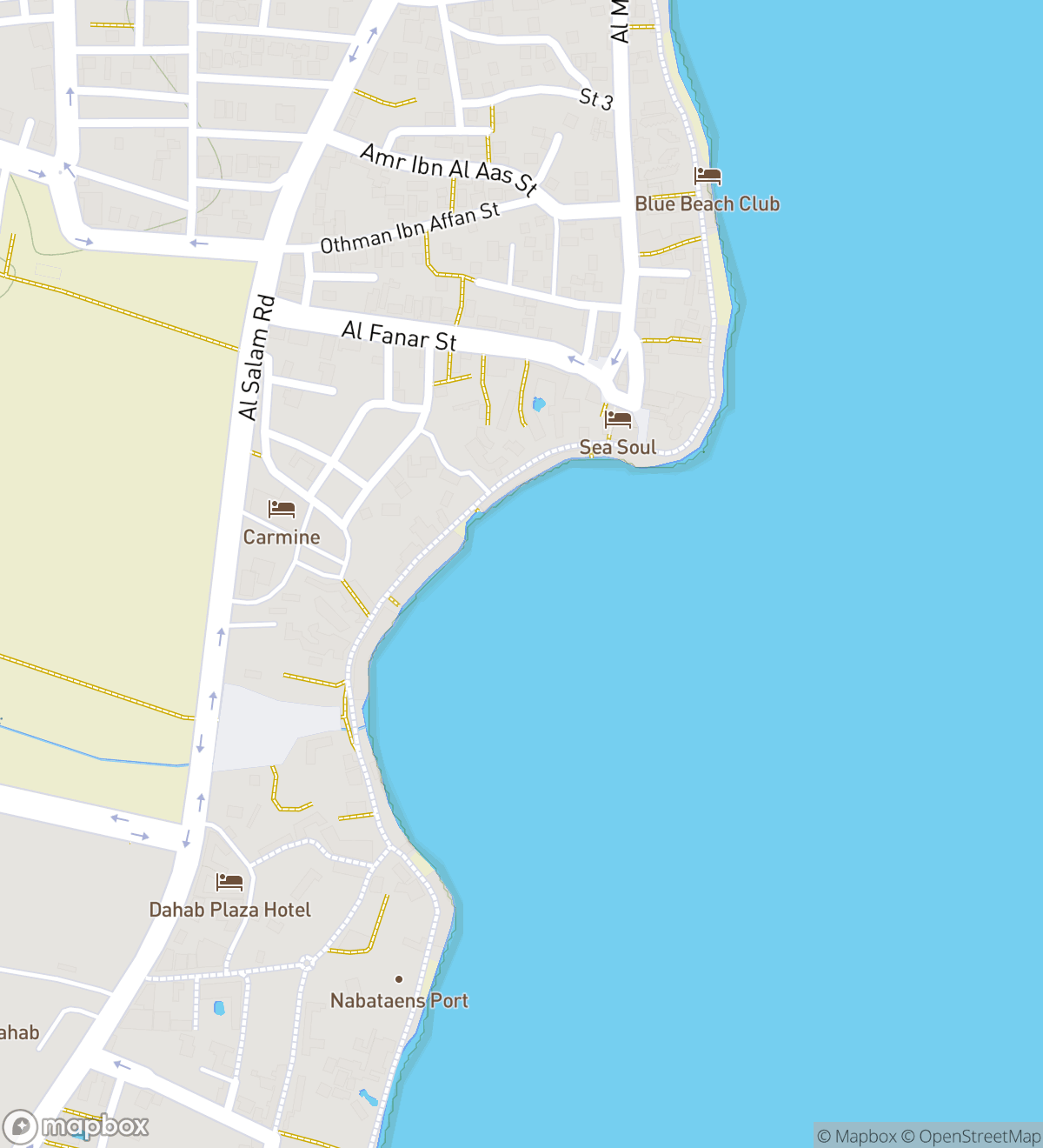 Map of 6 numbered scavenger hunt stops in Dahab