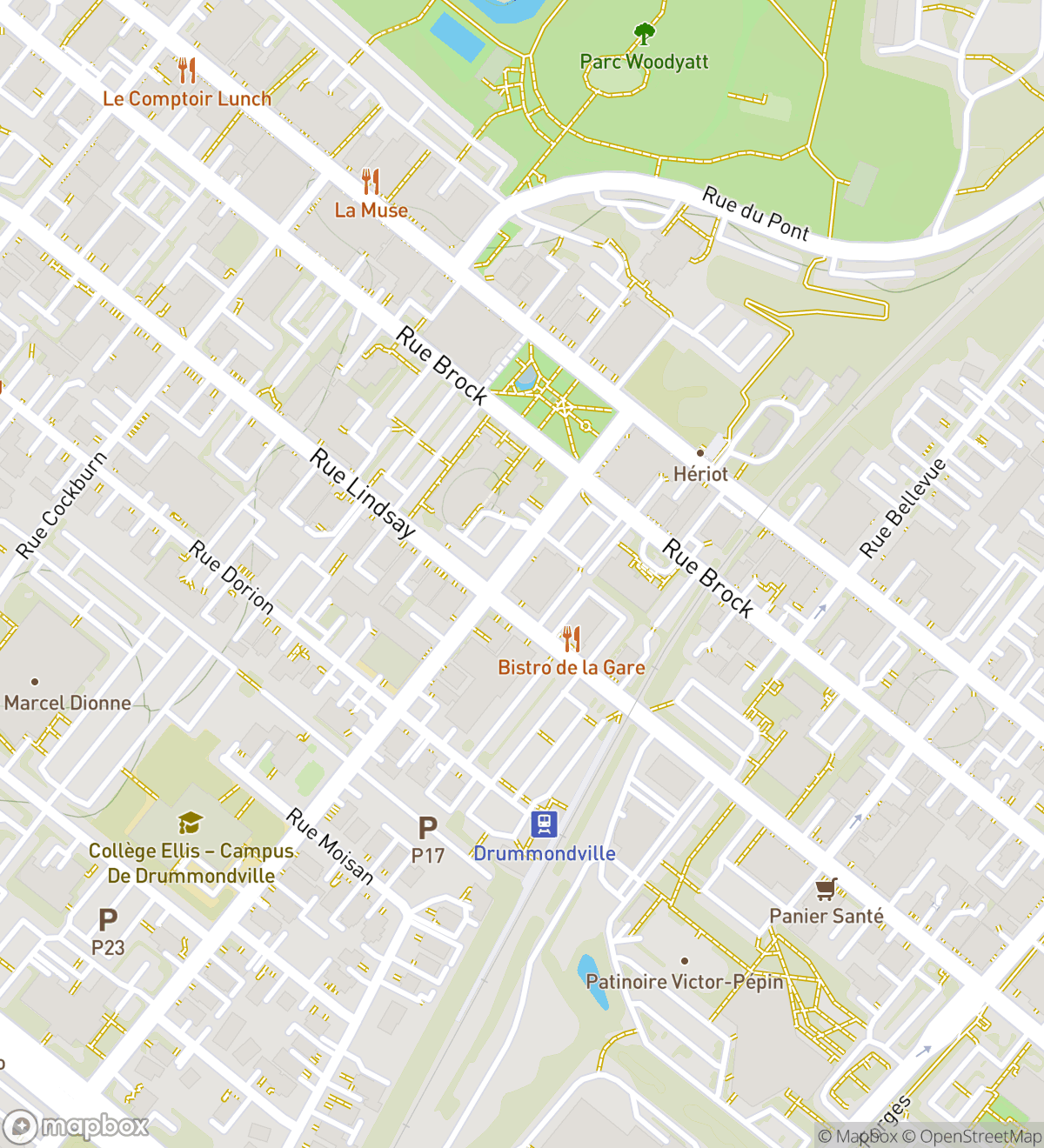 Map of 10 numbered scavenger hunt stops in Drummondville