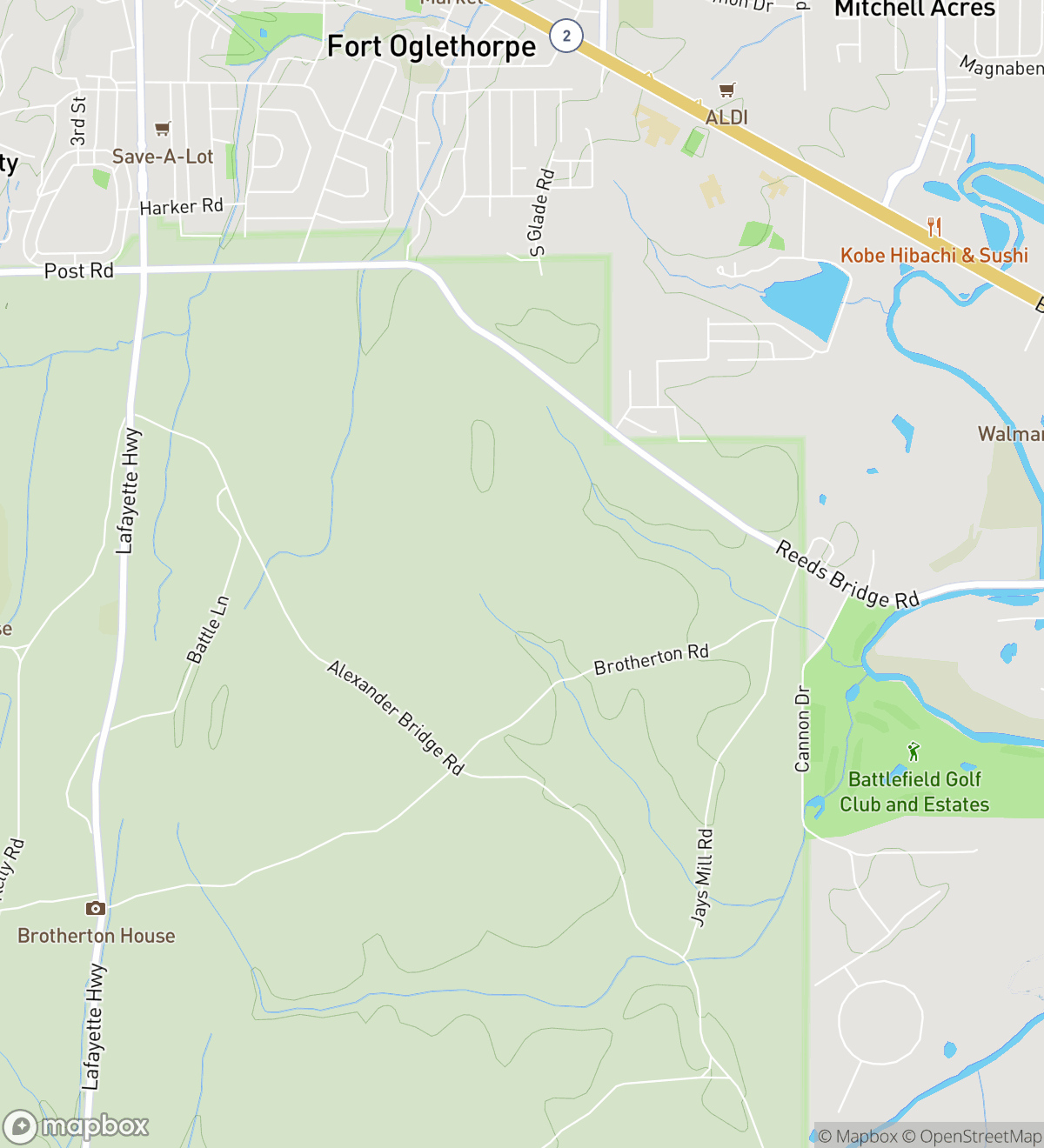 Map of 8 numbered scavenger hunt stops in Fort Oglethorpe