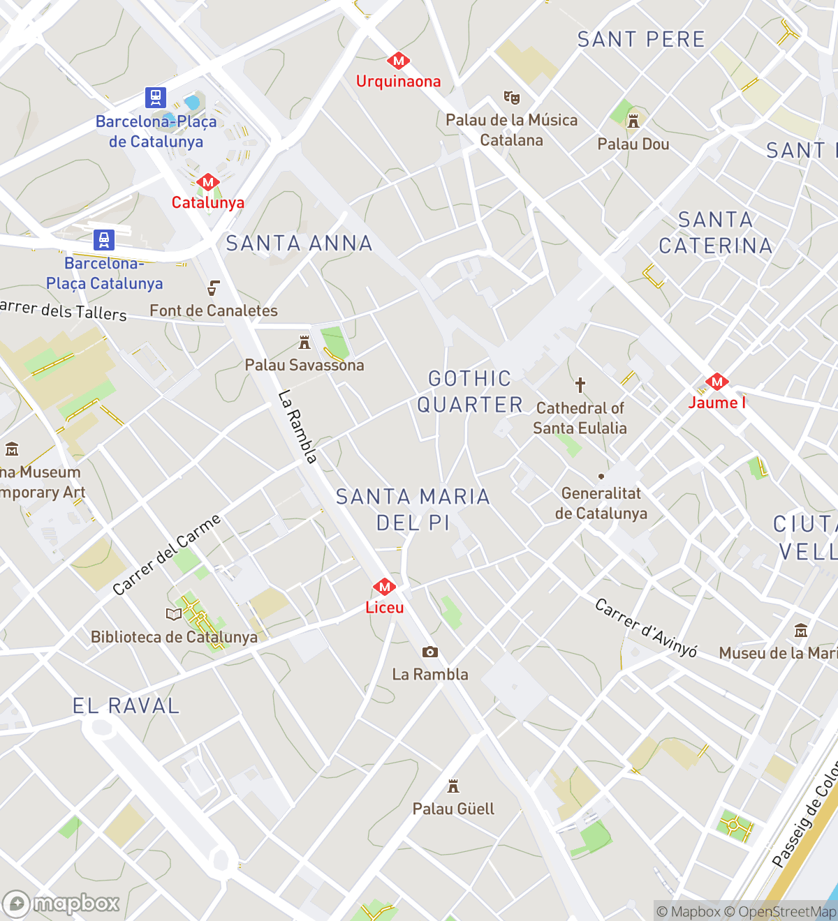 Map of 8 numbered scavenger hunt stops in Barcelona