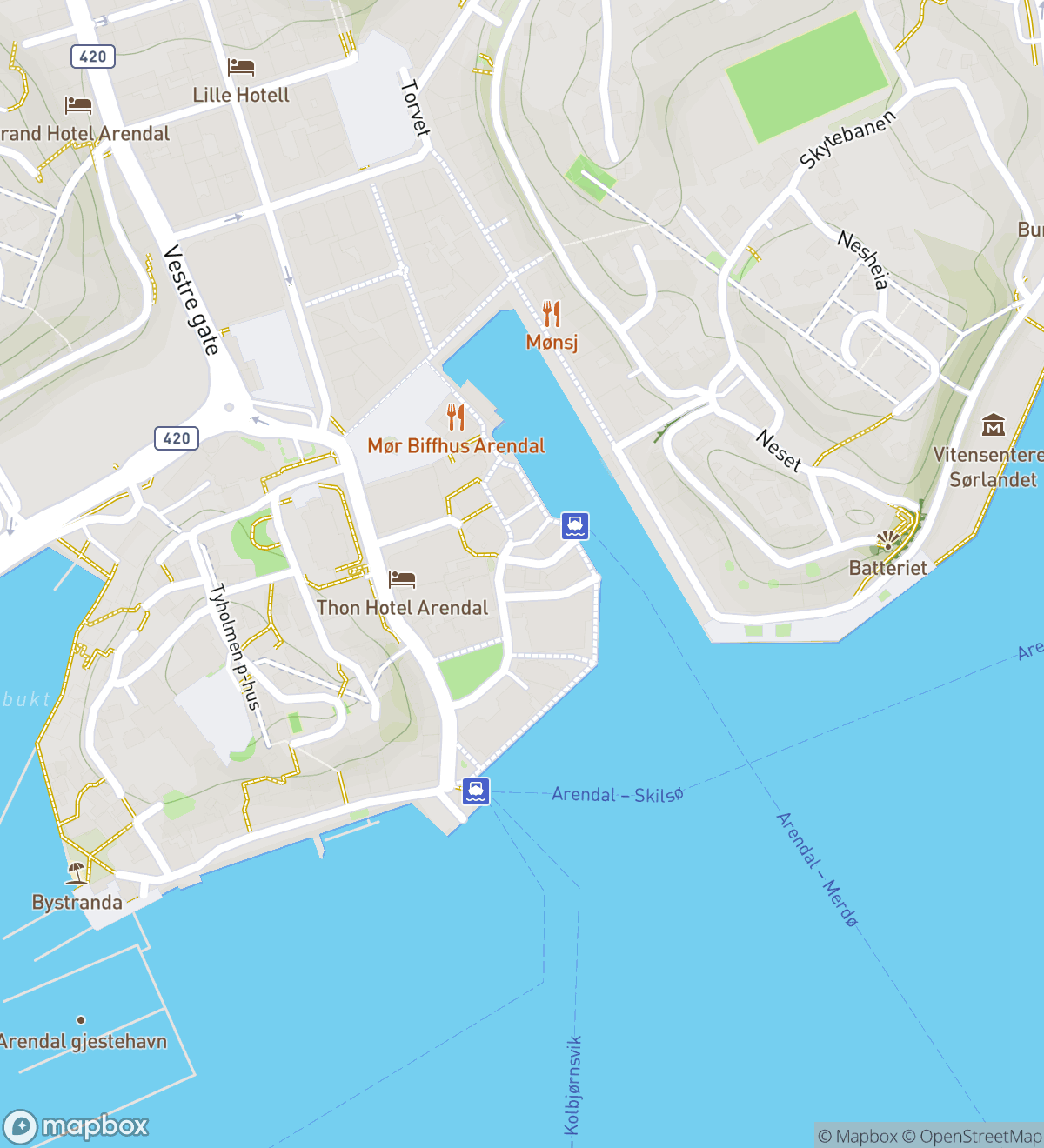 Map of 6 numbered scavenger hunt stops in Arendal