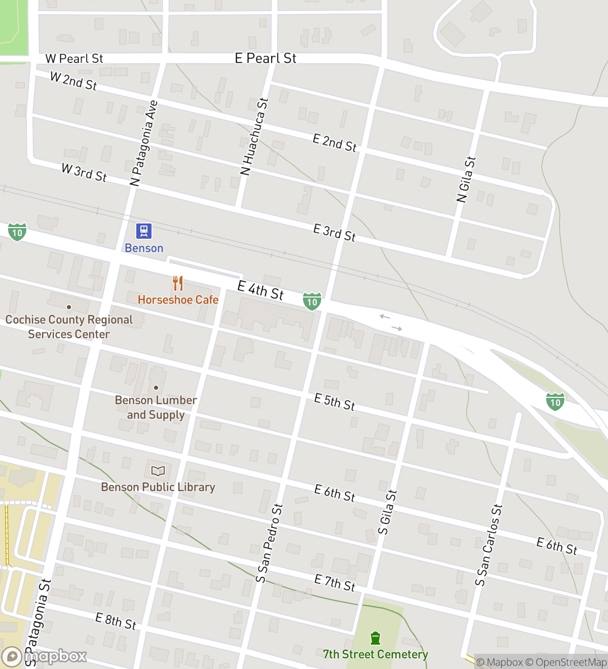 Map of 8 numbered scavenger hunt stops in Benson