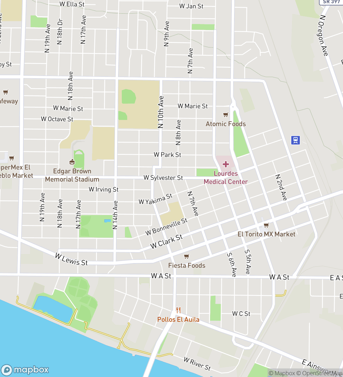 Map of 6 numbered scavenger hunt stops in Pasco