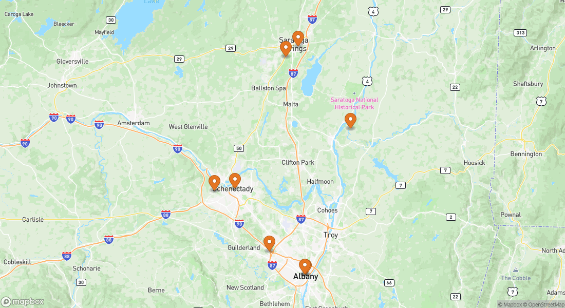 Carte indiquant 8 lieux d'expériences à Albany