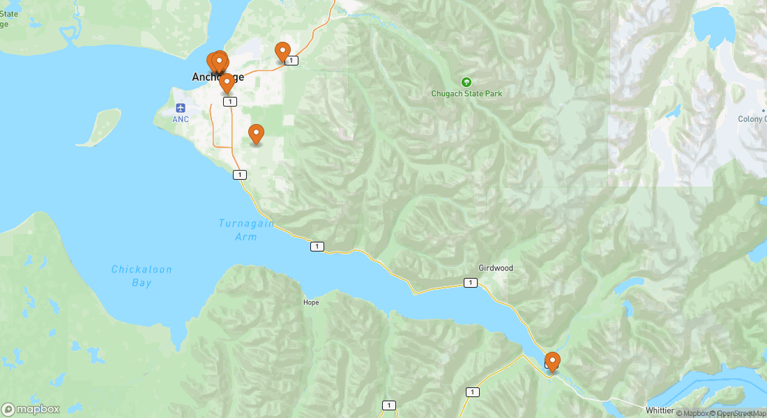 Carte montrant 9 lieux d'expériences à Anchorage