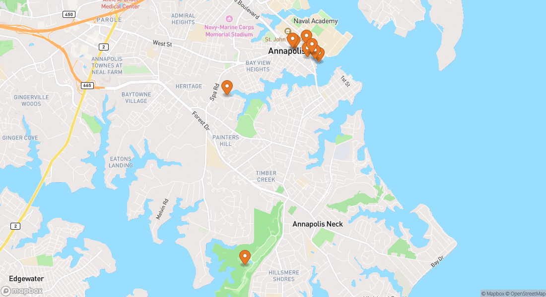 Karta som visar 9 platser för upplevelser i Annapolis