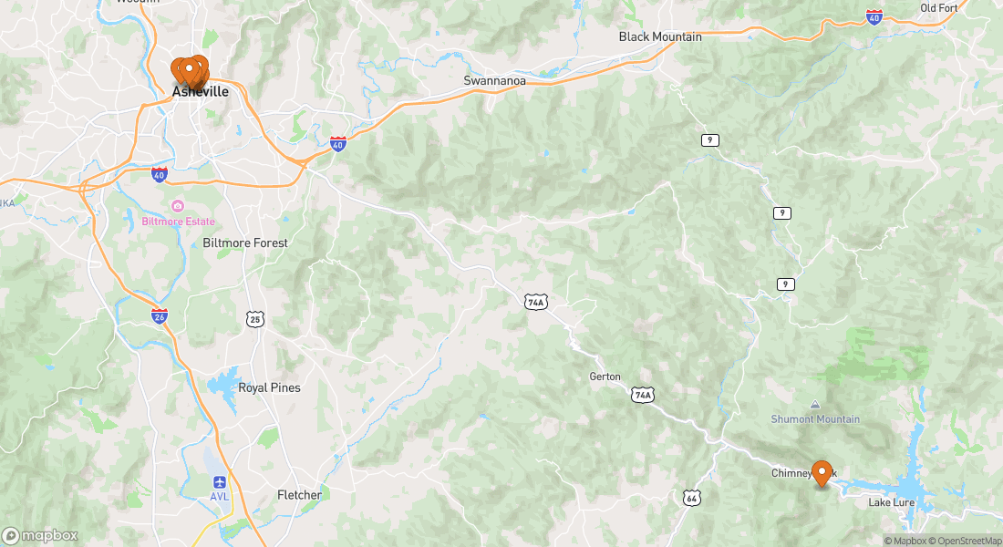 Carte montrant 8 lieux d'expériences à Asheville