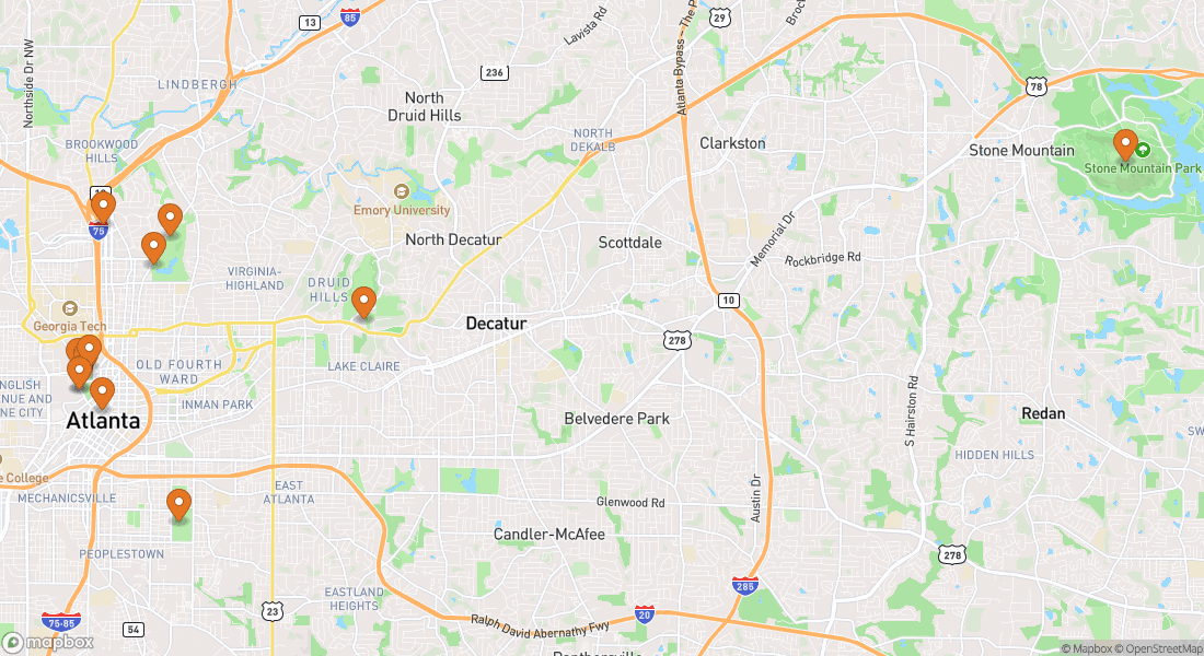 Kort, der viser 12 oplevelseslokationer i Atlanta