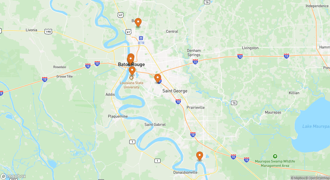 Karta som visar 8 upplevelseplatser i Baton Rouge