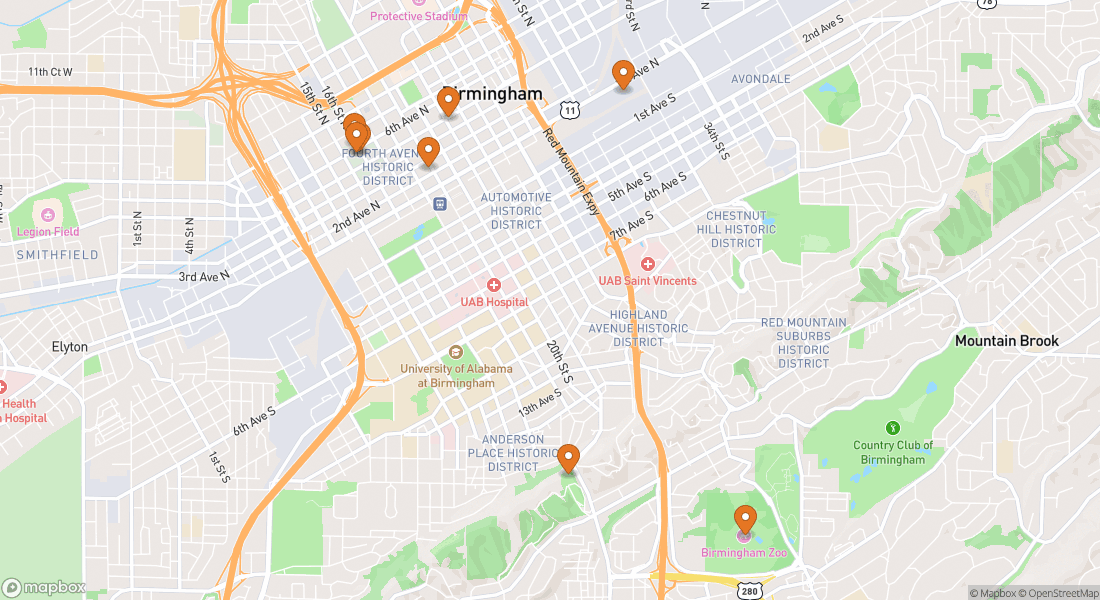 Carte montrant 8 lieux d’expérience à Birmingham