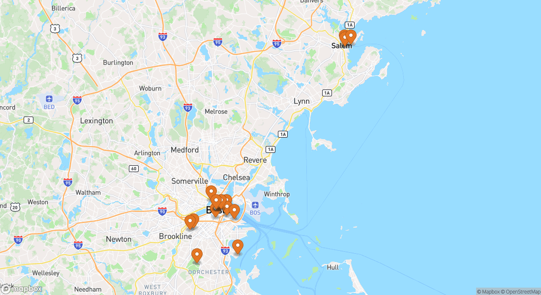 Mapa zobrazující 15 míst zážitků v Bostonu