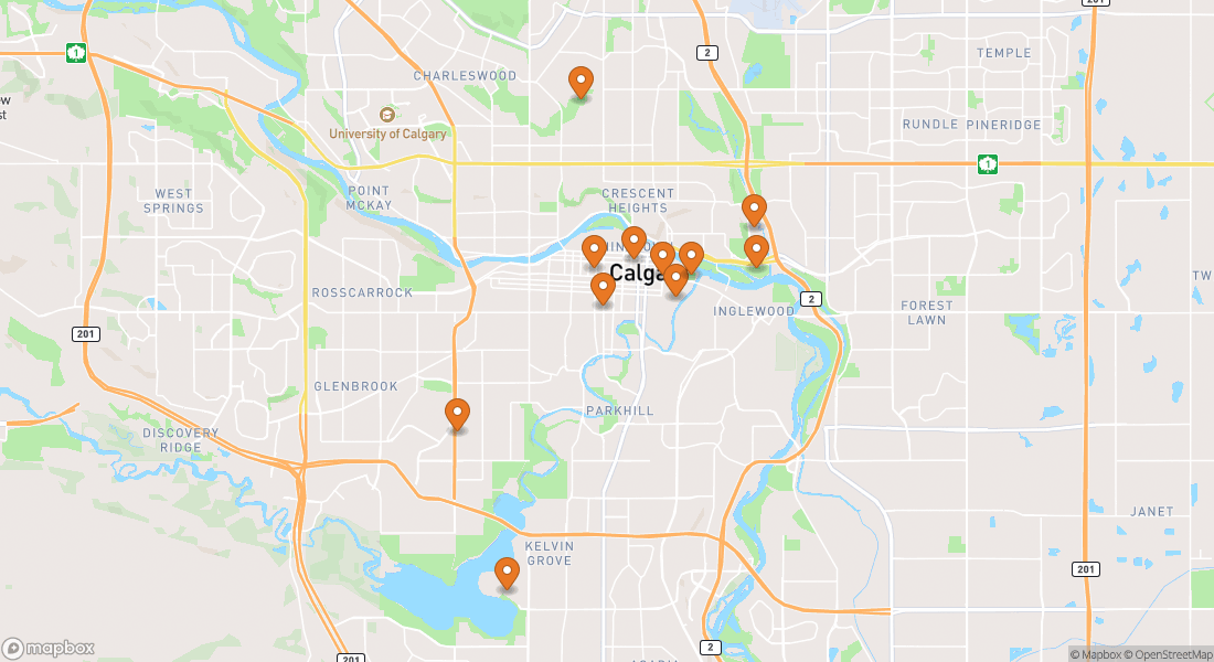 Karta som visar 11 upplevelser i Calgary