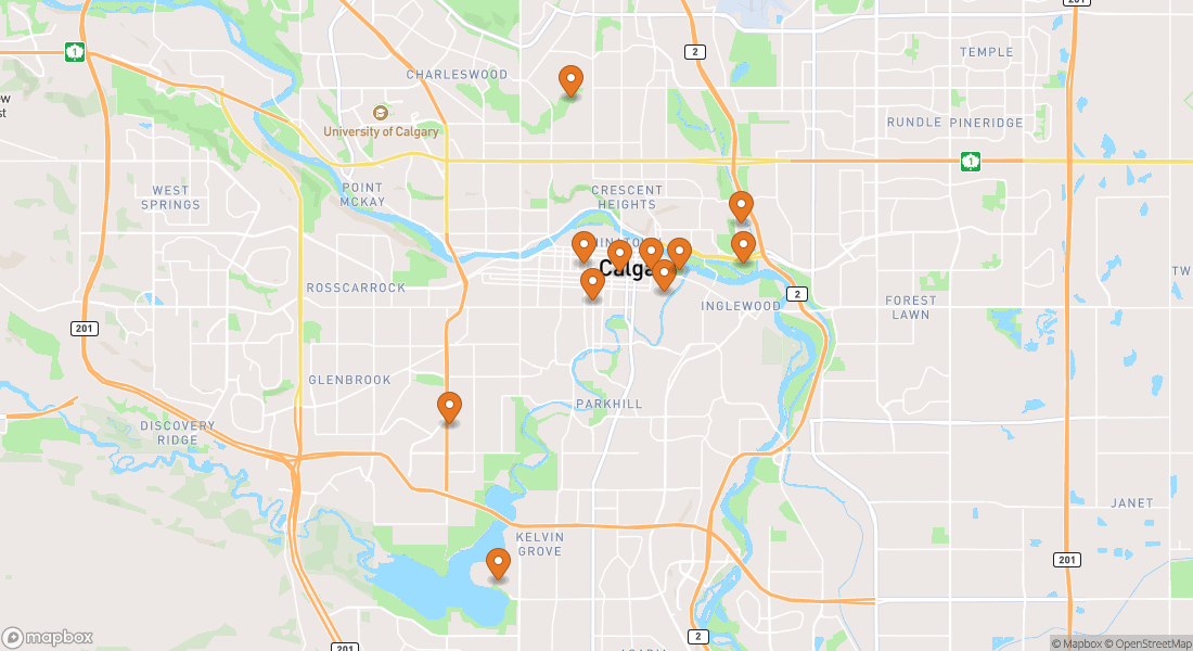 Kort der viser 11 oplevelseslokationer i Calgary
