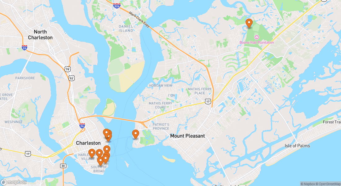 Carte indiquant 11 lieux d'expériences à Charleston