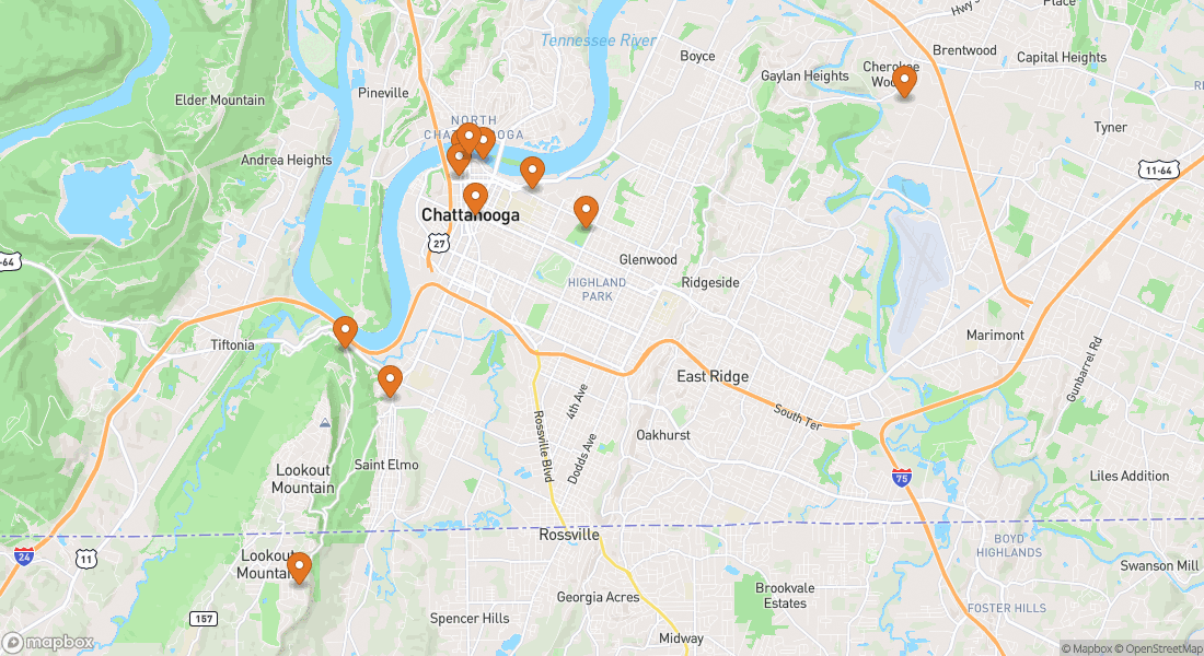 Karta som visar 11 upplevelseplatser i Chattanooga