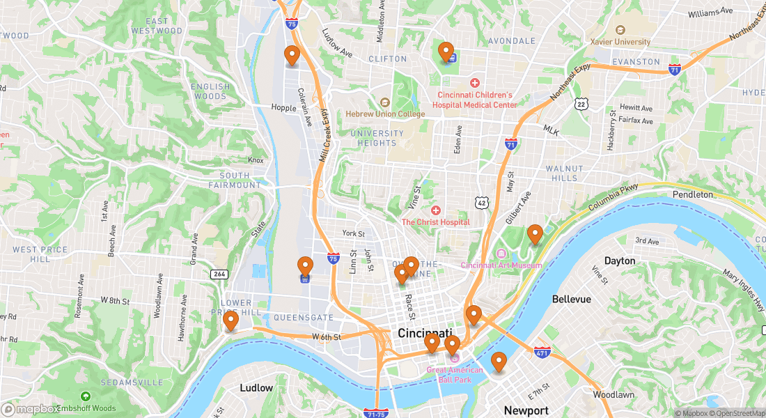 Kort, der viser 11 oplevelsessteder i Cincinnati