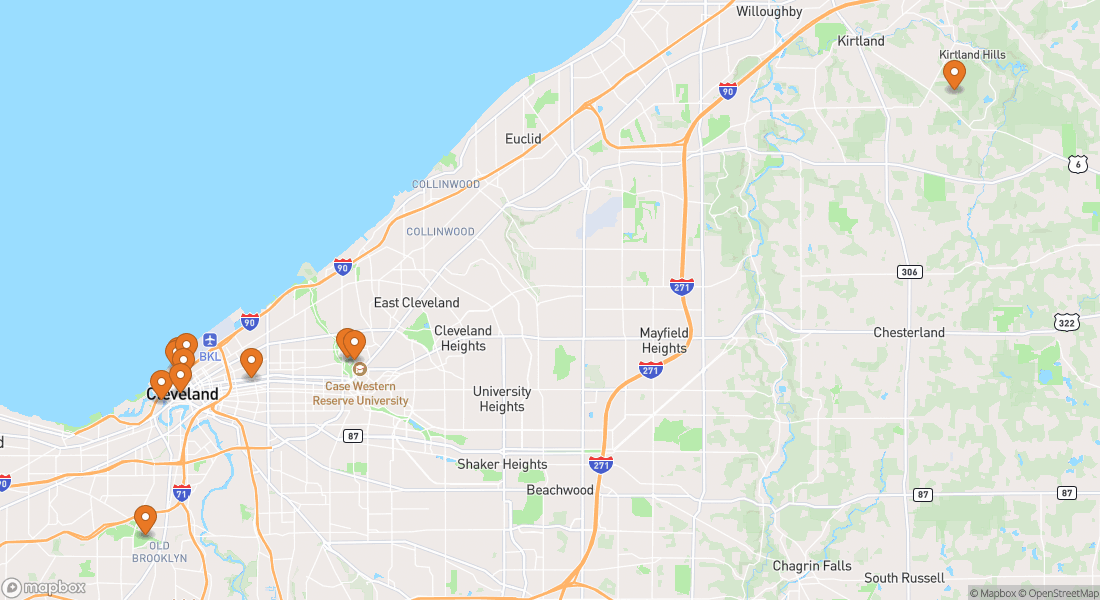 Kort der viser 11 oplevelseslokationer i Cleveland