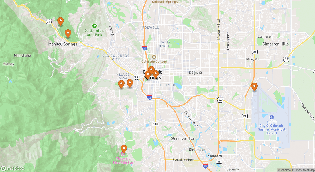 Karta som visar 9 upplevelseplatser i Colorado Springs