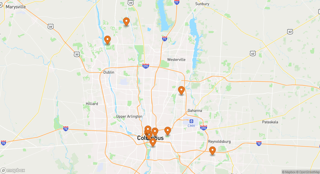Kort, der viser 11 oplevelsessteder i Columbus