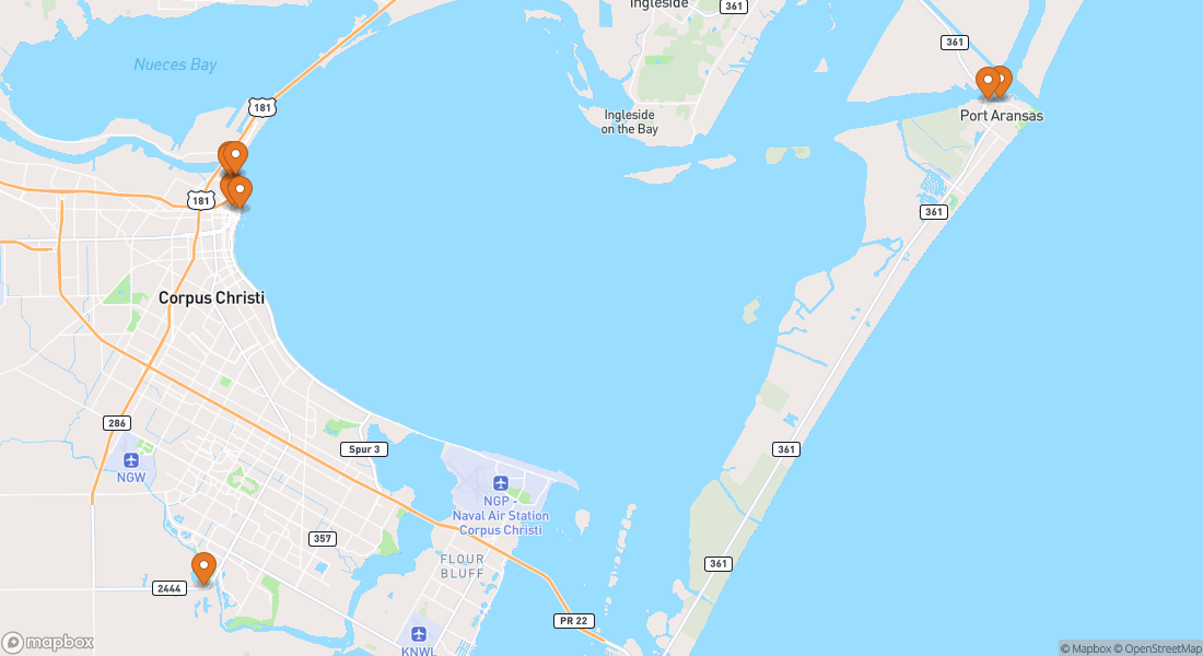 Carte montrant 8 lieux d'expériences à Corpus Christi