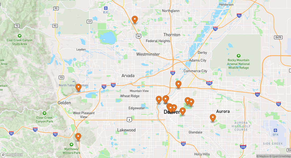 Kort, der viser 16 oplevelseslokationer i Denver