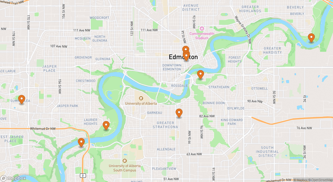 Carte montrant 9 lieux d'expériences à Edmonton