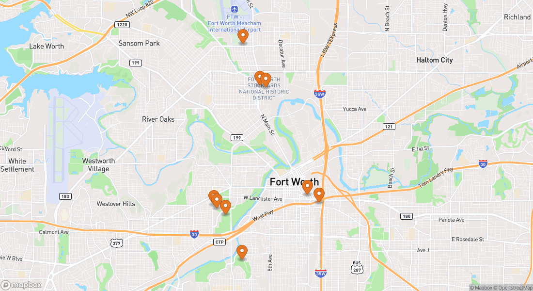 Karta som visar 9 upplevelseplatser i Fort Worth