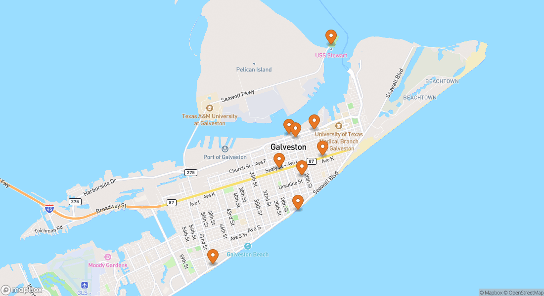 Karta som visar 9 upplevelseplatser i Galveston