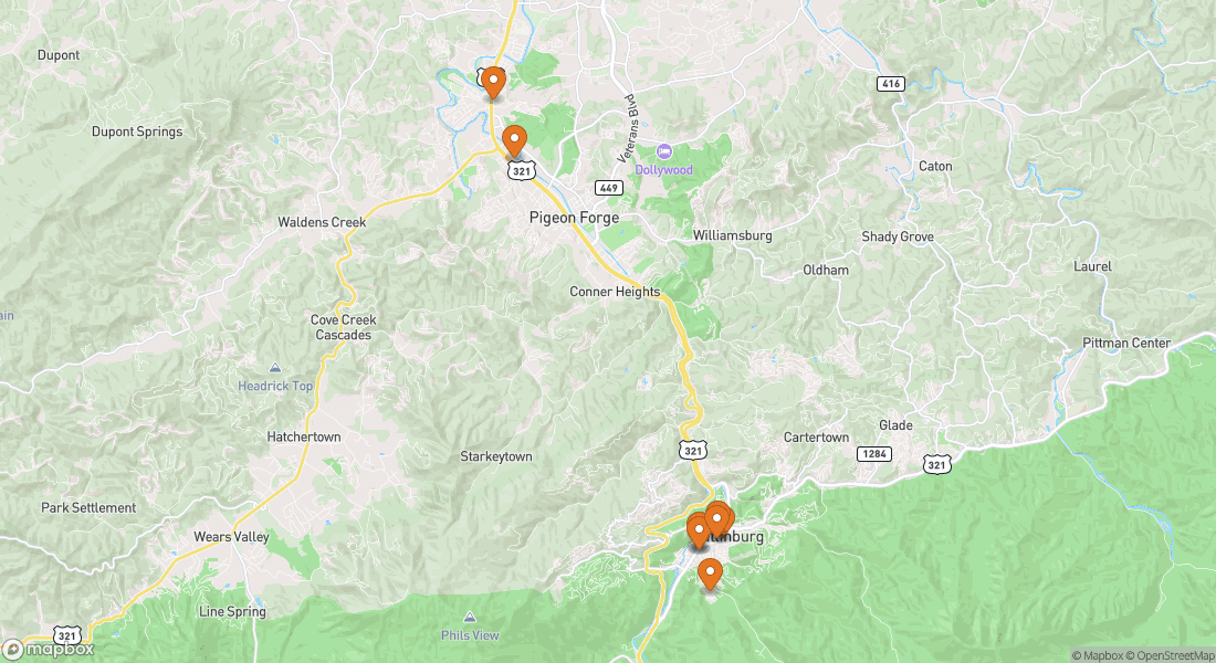 Carte montrant 9 lieux d'expériences à Gatlinburg