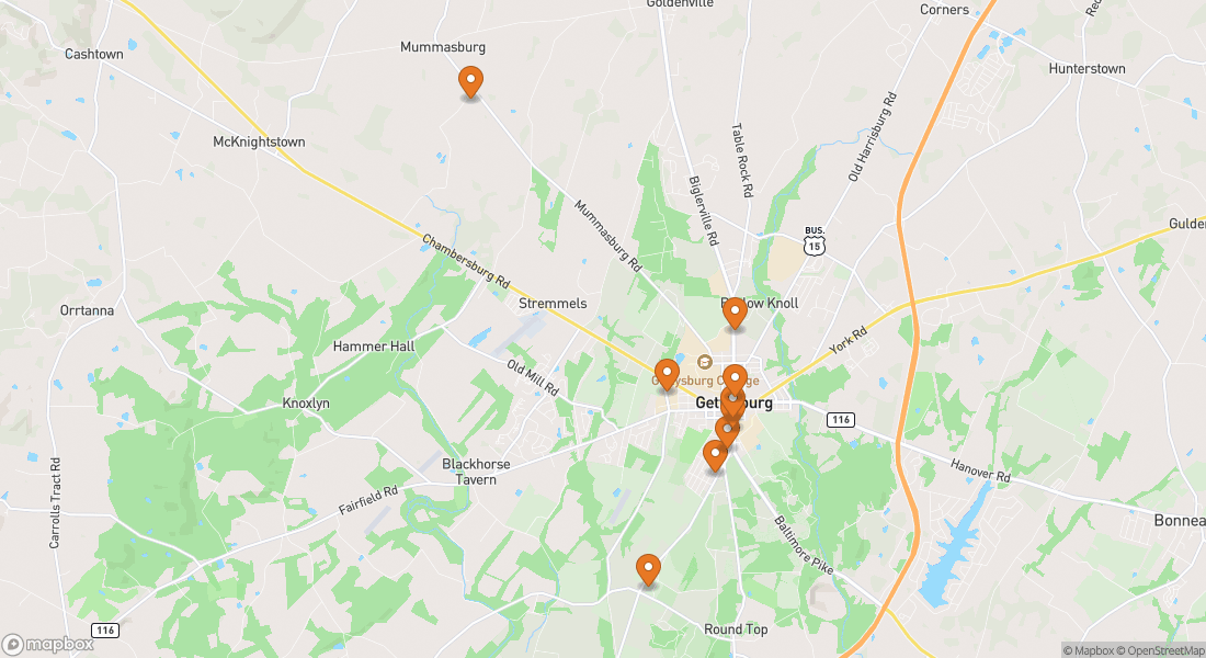 Karta som visar 9 platser för Gettysburg-upplevelsen