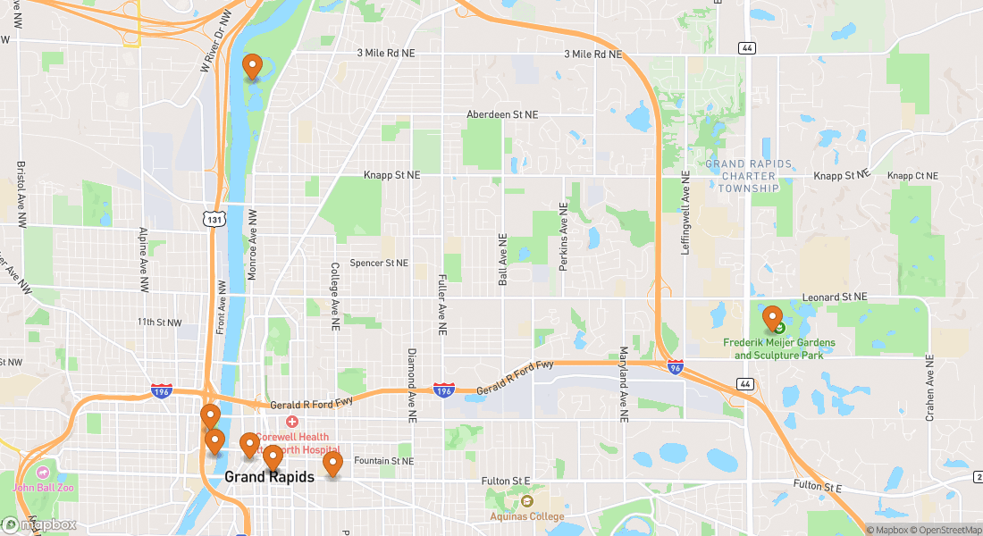 Carte montrant 8 lieux d'expérience à Grand Rapids