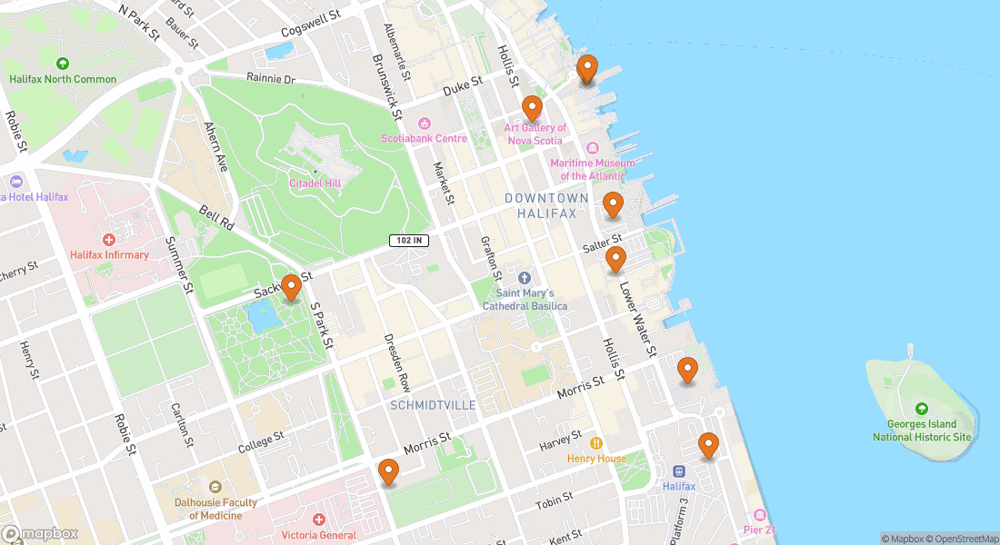 Karta som visar 9 upplevelseplatser i Halifax