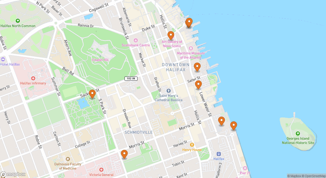 Kort, der viser 9 Halifax-oplevelseslokationer