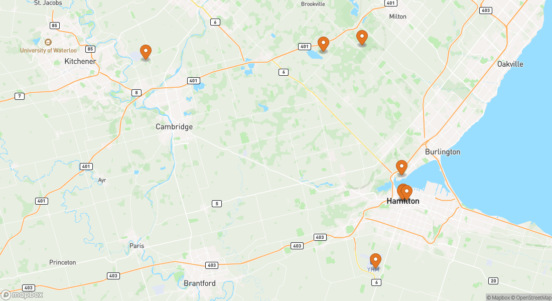Carte montrant 8 lieux d'expériences à Hamilton