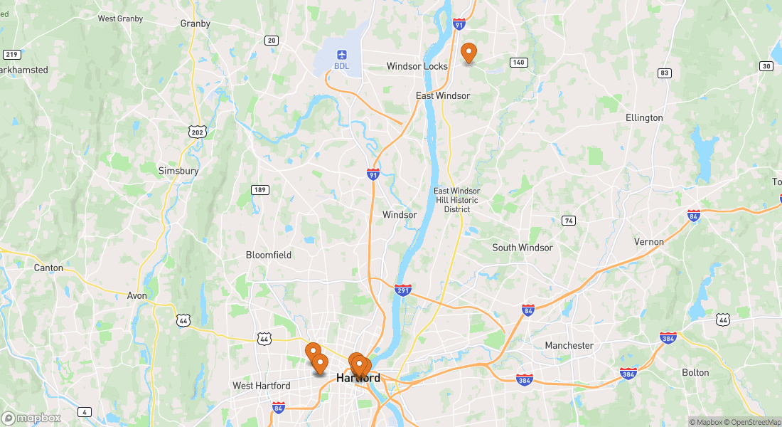 Karta som visar 8 upplevelseplatser i Hartford