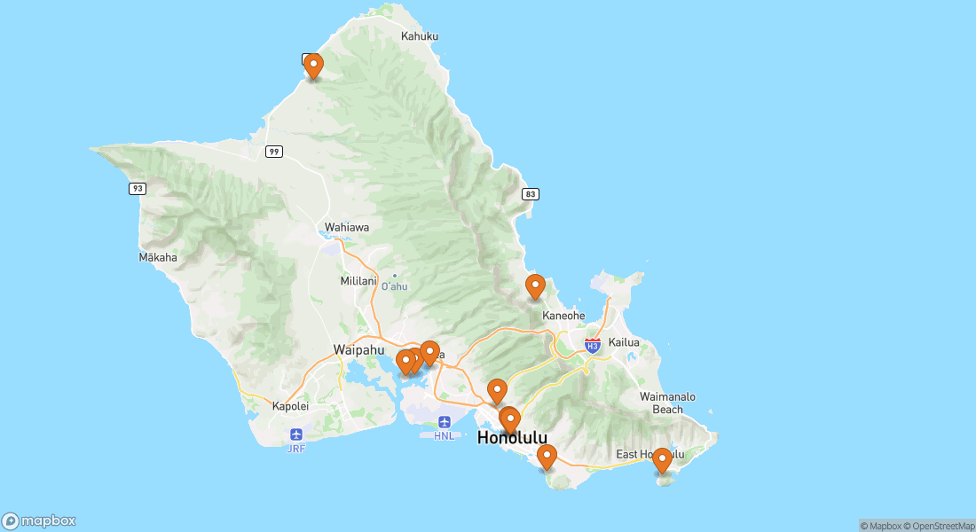 Kort der viser 11 Honolulu oplevelseslokationer