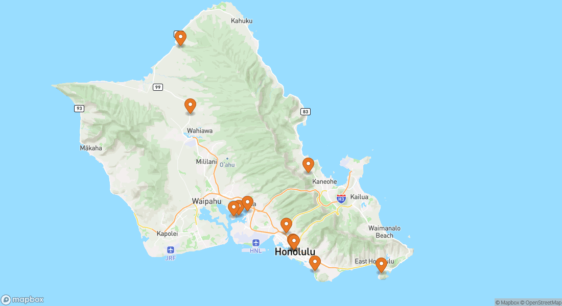 Kort der viser 12 oplevelsessteder i Honolulu