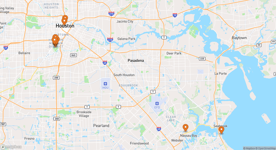 Kort, der viser 10 oplevelseslokationer i Houston