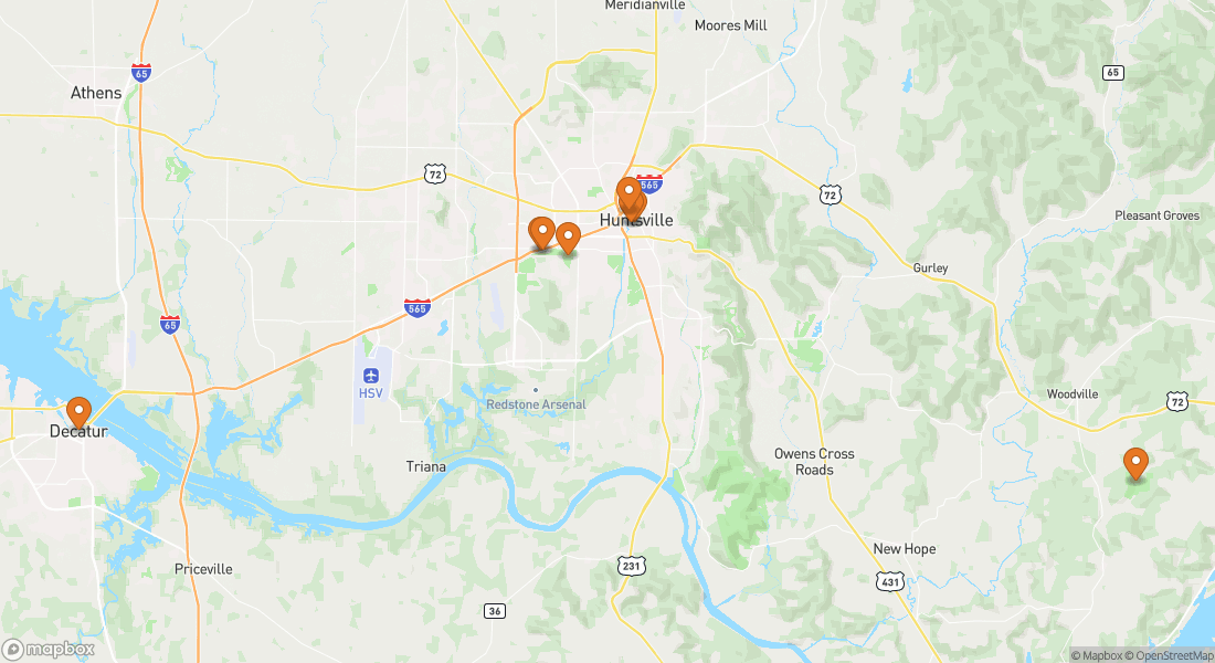 Carte montrant 8 lieux d'expériences à Huntsville