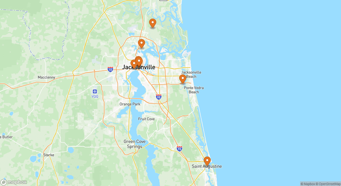 Carte montrant 8 lieux d'expériences à Jacksonville
