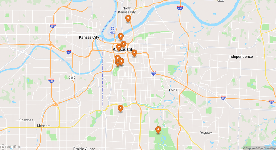 Kort, der viser 11 oplevelsessteder i Kansas City
