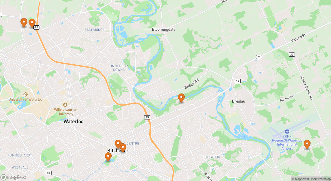 Carte montrant 7 lieux d'expériences à Kitchener