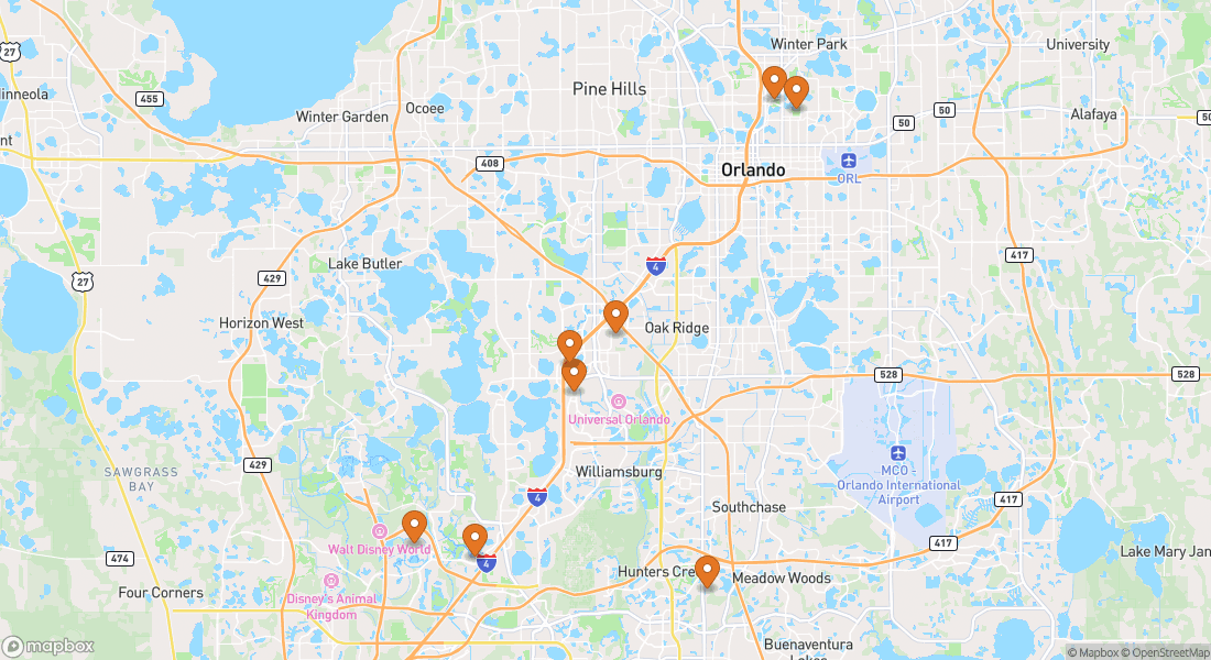 Karta som visar 8 upplevelseplatser i Lake Buena Vista