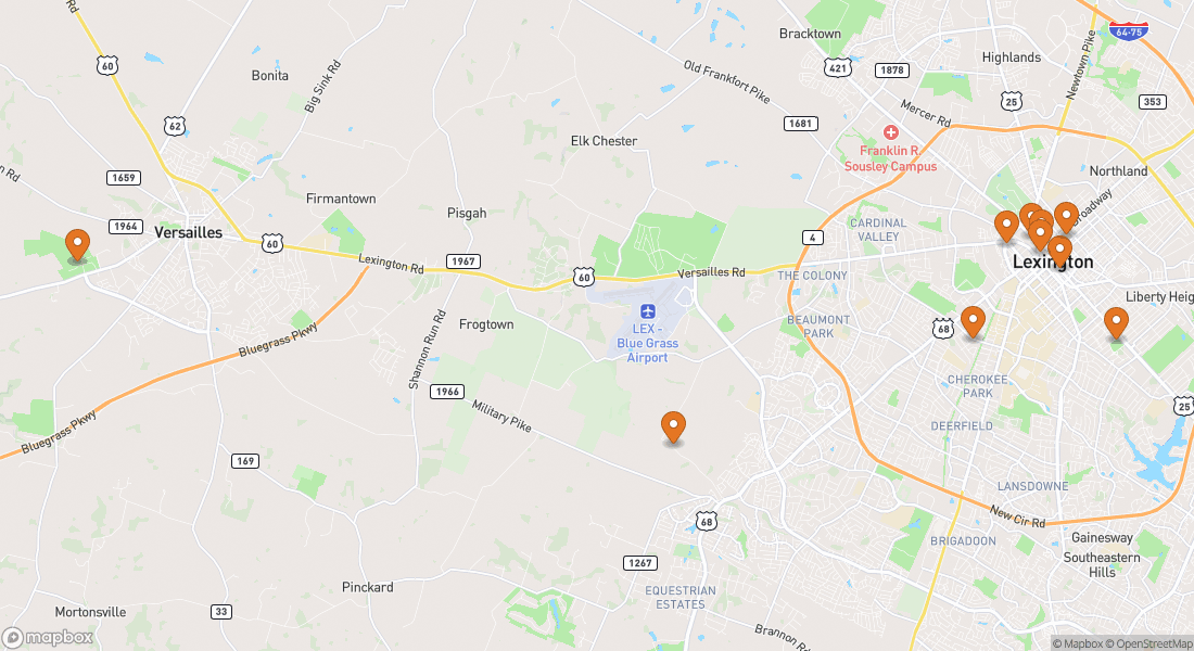 Carte montrant 10 lieux d'expériences à Lexington