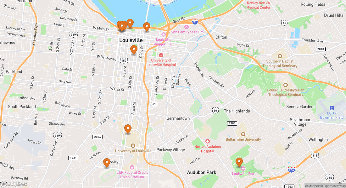 Karta som visar 10 upplevelseplatser i Louisville