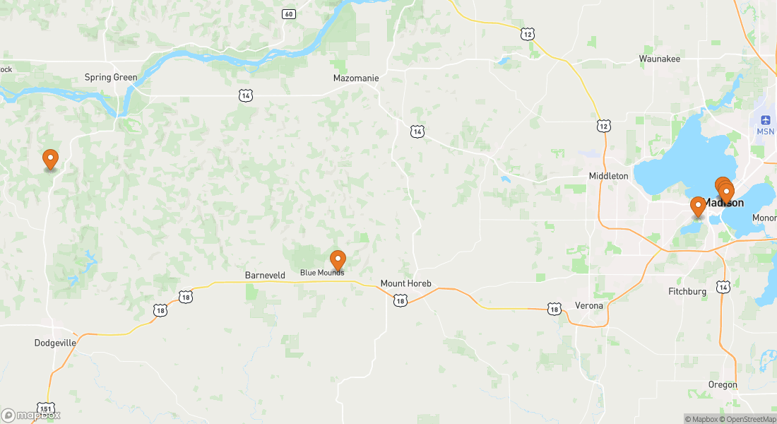 Carte indiquant 8 lieux d'expérience à Madison