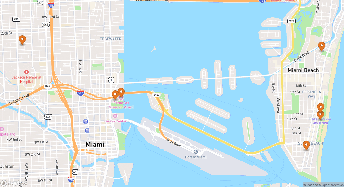 Karta som visar 7 upplevelseplatser i Miami Beach