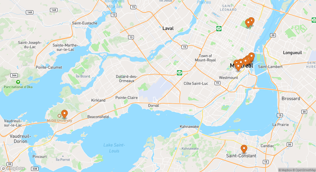 Kort, der viser 13 oplevelseslokationer i Montreal